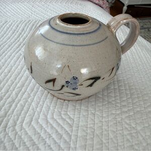 Handcrafted Ceramic Ball Vase in Cream with Blue Accents